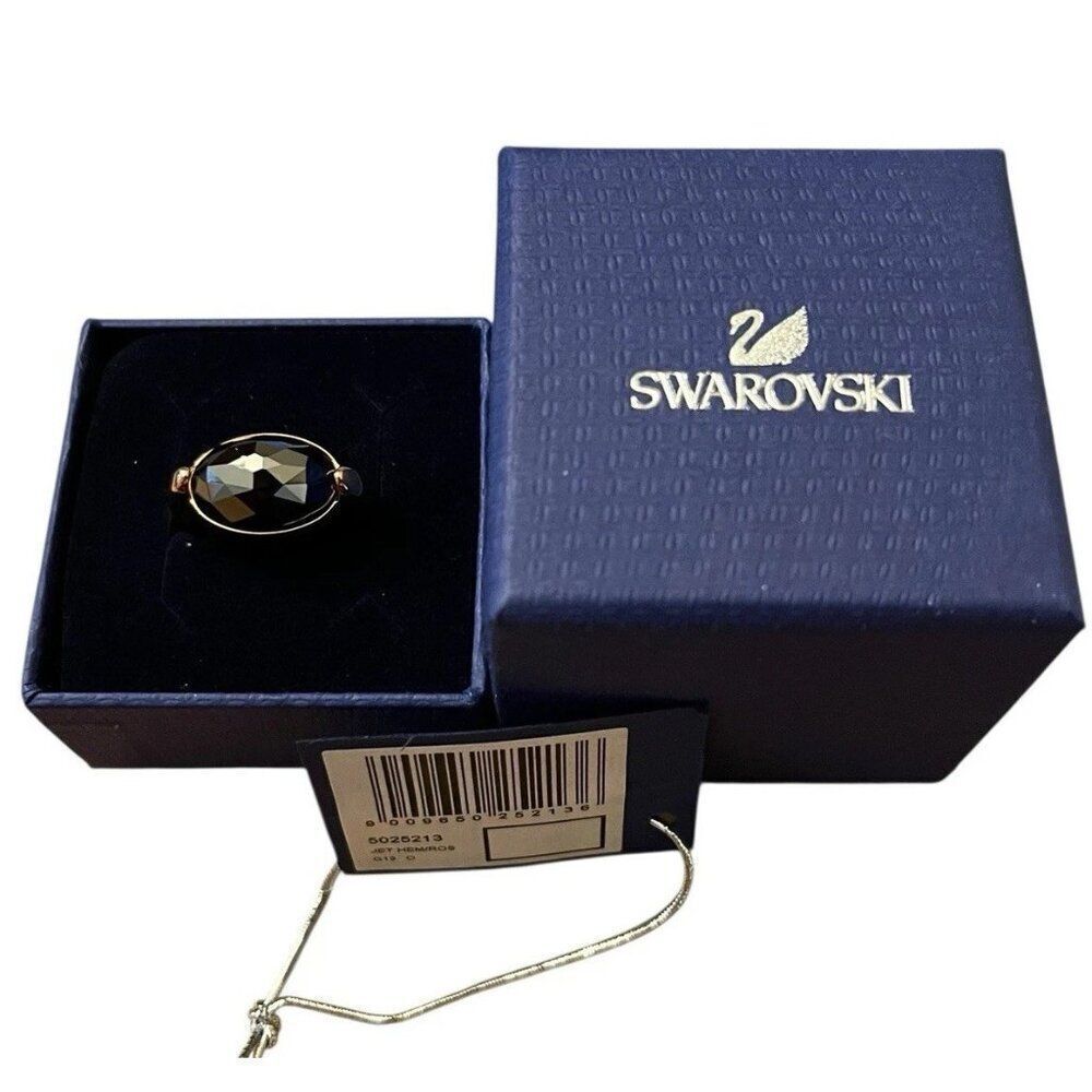 Swarovski Size 8 3/4 Cabochon Jet Hematite Crystal Rose Gold Plated Ring New Box